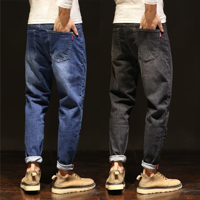 潮牌男裤修身哈伦裤秋冬装男士牛仔裤加肥加大码胖子宽松小脚裤子