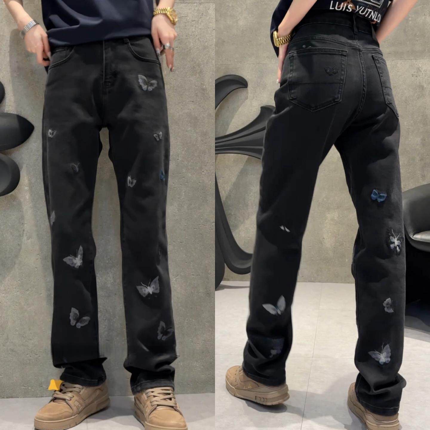 冬季美式风潮牌高级感休闲裤黑色蝴蝶刺绣牛仔裤男士重磅直筒长裤