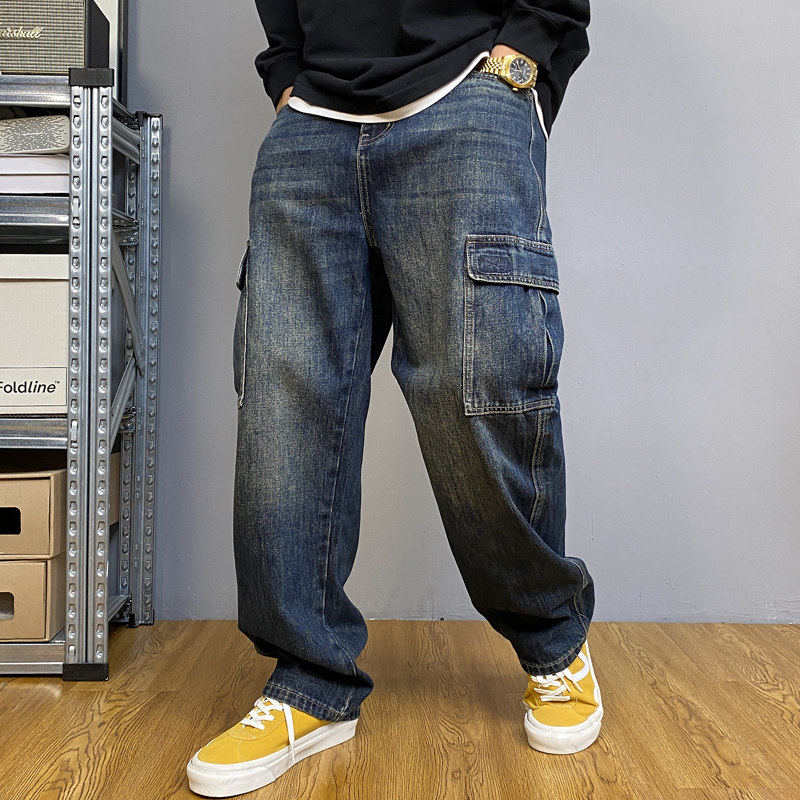 秋季美式休闲痞帅重磅水洗复古工装牛仔裤男直筒宽松百搭阔腿裤子