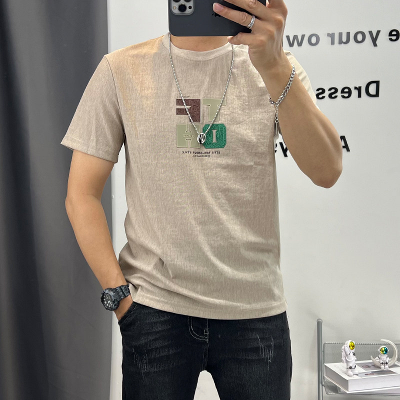 轻奢透气麻棉短袖t恤男夏季字母印花修身半袖棉麻体恤衫薄款汗衫