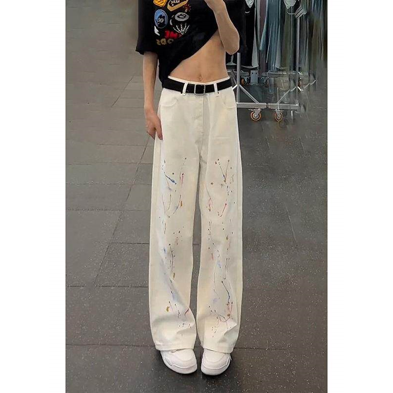 白色漆点泼墨牛仔裤男夏季薄款提档显腿长裤子美式高街直筒微喇裤
