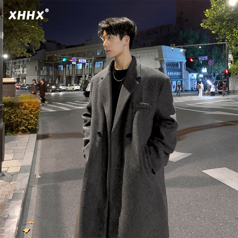 高级感灰色大衣男春秋冬加厚潮流宽松中长款过膝风衣韩系毛呢外套