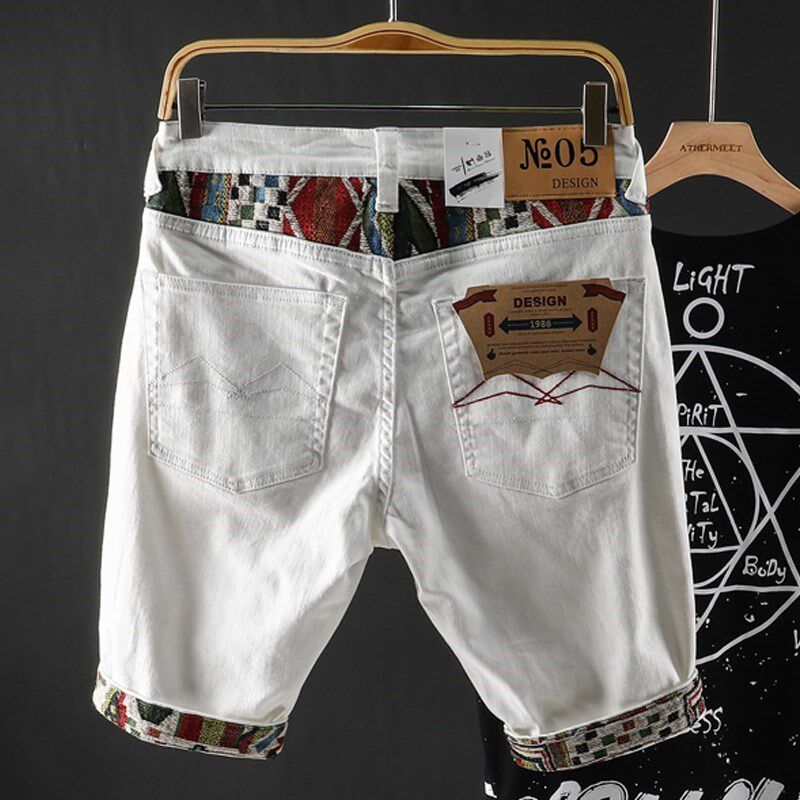 潮牌新款牛仔短裤男士夏季薄款外穿ins大码宽松白色破洞五分中裤