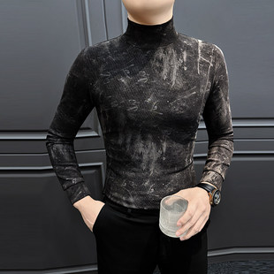 轻奢半高领打底衫男款新款秋冬内搭可外穿高级感男士紧身长袖T恤