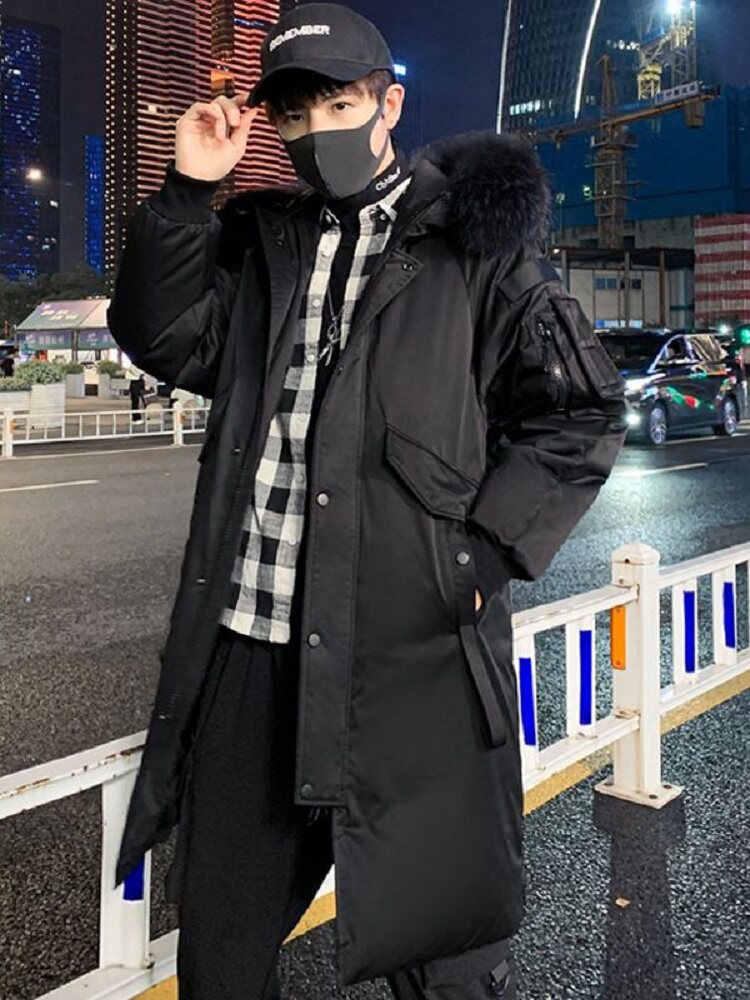 트렌디 브랜드 중간 길이 무릎 위 새로운 스타일 남성 잘생기고 패셔너블한 두꺼운 모피 칼라 재킷 겨울 청소년 파카 다운 재킷