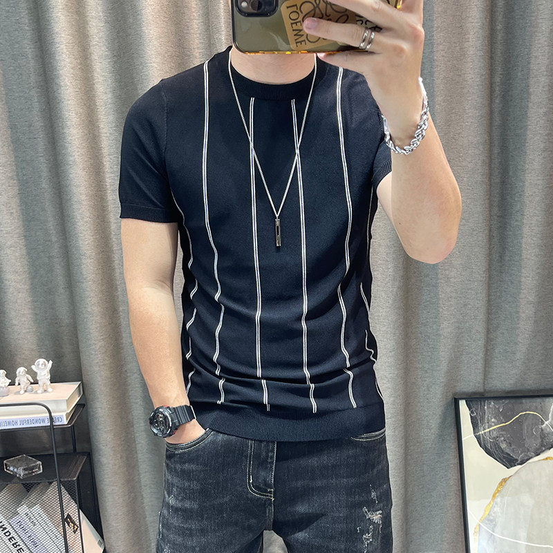 潮牌竖条纹短袖毛衣男修身弹力