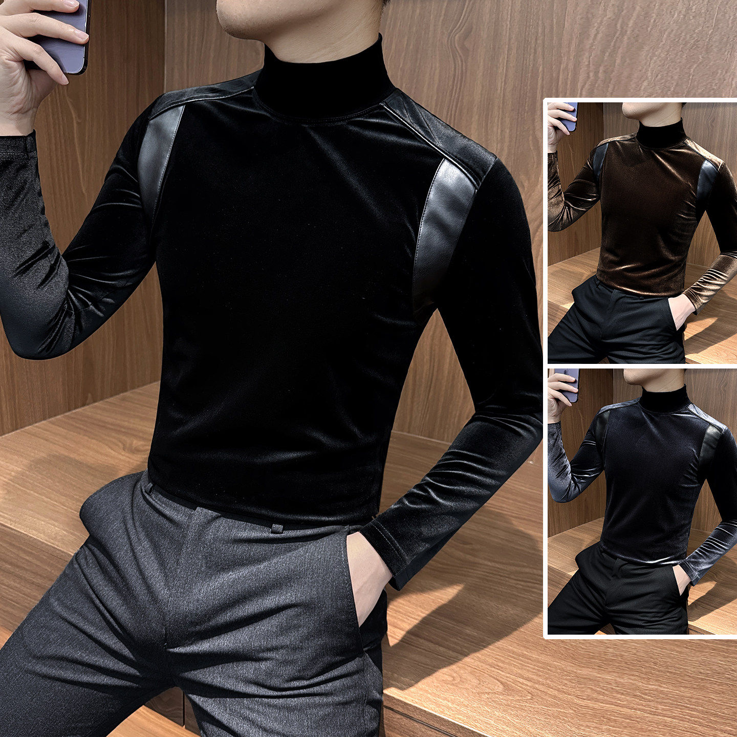 轻奢金丝绒高领男士可外穿打底衫内搭新款秋冬高级感拼接长袖t恤