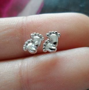 手工银 曼谷银 镀白金小巧可爱小脚丫耳钉 925纯银 泰银