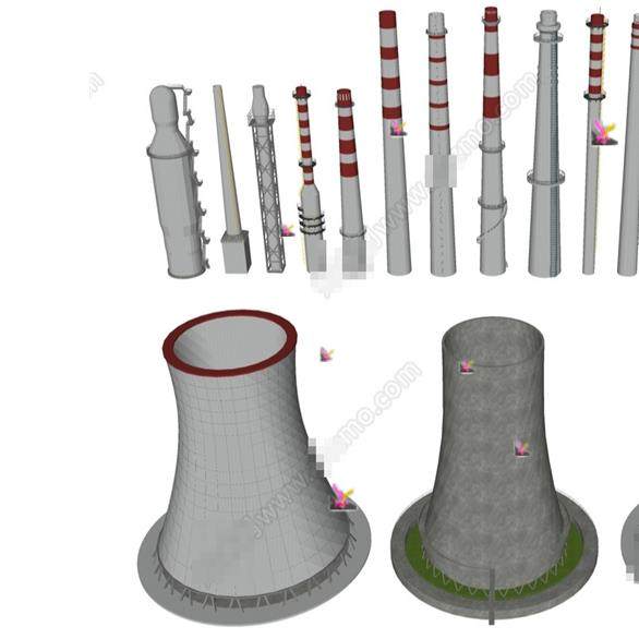 草图大师3085现代工业设备 烟囱 冷却塔 锅炉烟囱 工业器材SU模型