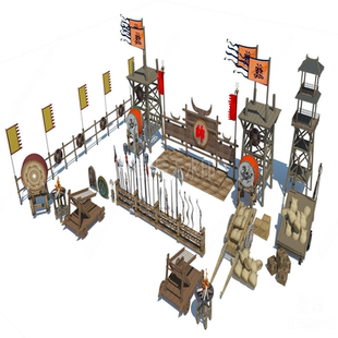 草图大师 SU模型 军事器材古代冷兵器刀枪箭弩点将台擂鼓军寨