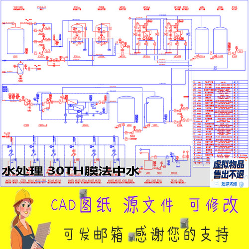 CAD图纸水处理30TH膜法中水系统工艺流程图设备布置及管道连
