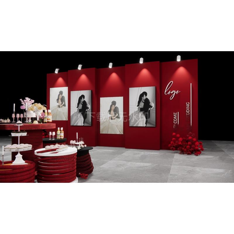 现代美陈 红色婚礼迎宾区 婚礼照片墙 背景 草图大师SU模型