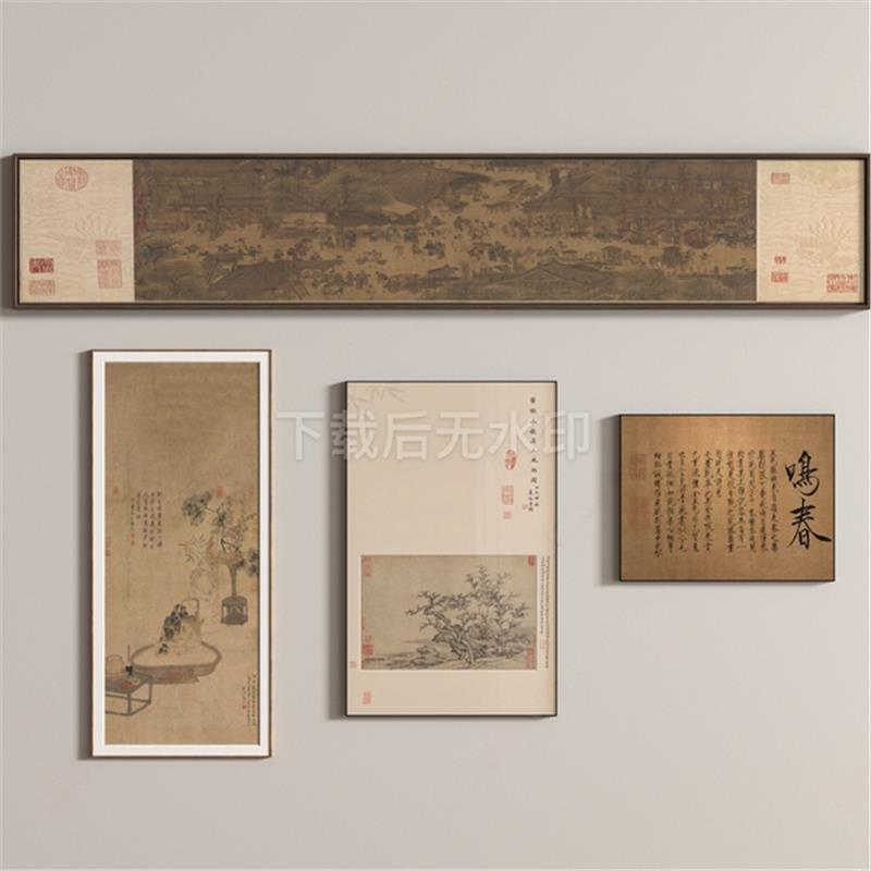 新中式挂画 复古挂画 装饰挂画 花瓶 挂画 墙饰草图大师SU模型