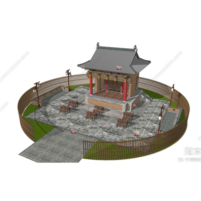 4619中式乡村戏台 休憩空间 戏楼 舞台 小公建 戏园桌椅SU模型