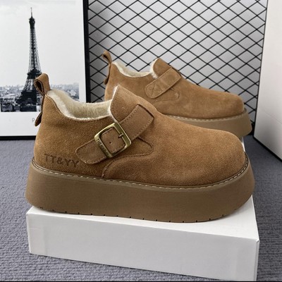 冬季勃肯鞋女厚底增高真皮牛皮加绒加厚毛毛一脚蹬懒人雪地靴棉鞋