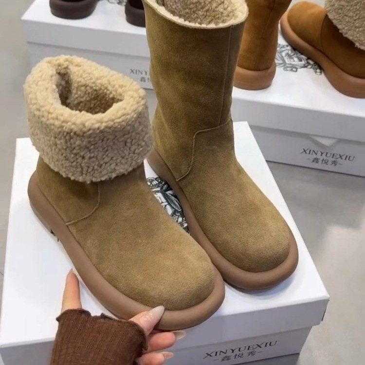 皮毛一体真皮两穿中筒加绒加厚保暖小土豆厚底雪地勃肯鞋靴女冬靴