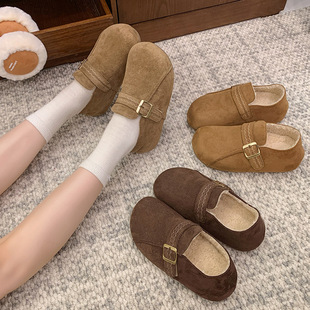 真皮加绒全包勃肯鞋女2025冬季新款厚底一脚蹬懒人豆豆棉鞋毛毛鞋