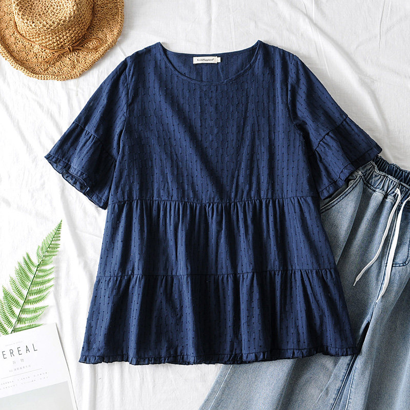 200斤胖MM夏季女装百搭木耳边娃娃衫蓬蓬上衣喇叭袖宽松大码T恤衫