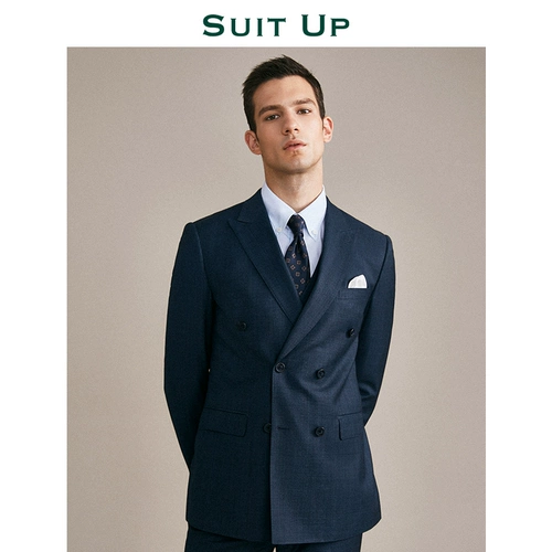 Комплект, классический костюм, мужское синее тонкое платье для отдыха, изысканный стиль