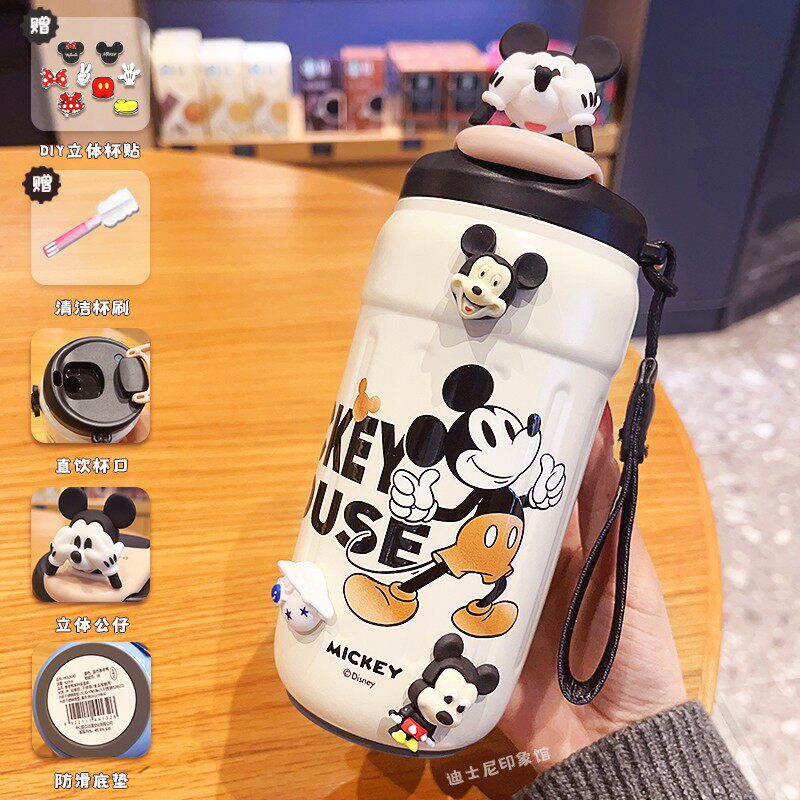 迪士尼316L食品级咖啡吸管保温杯带提绳双饮儿童上学专用水杯子