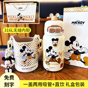 迪士尼儿童吸管保温杯316无缝内胆双饮水杯男孩幼儿园小学生水壶