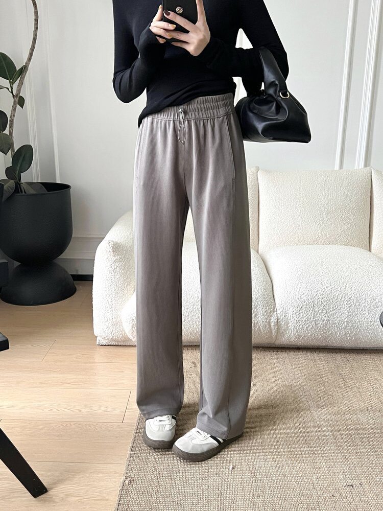 soft加绒版同款罗纹螺纹裤休闲阔腿裤中腰长裤子女高弹阔腿长裤子