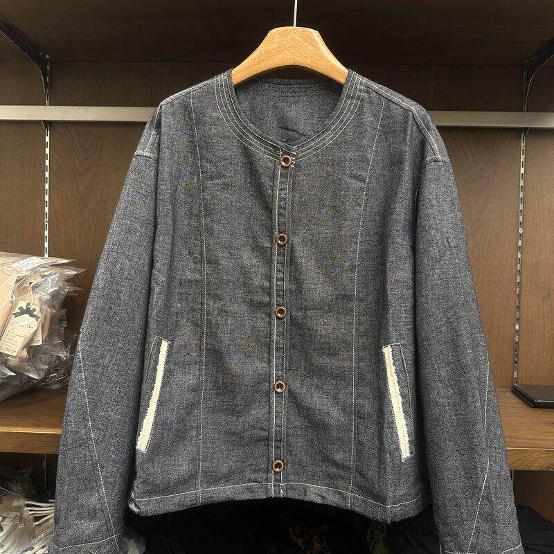 实体女装欧货设计感明线短外套02秋季新款女深灰2色宽松显瘦圆领