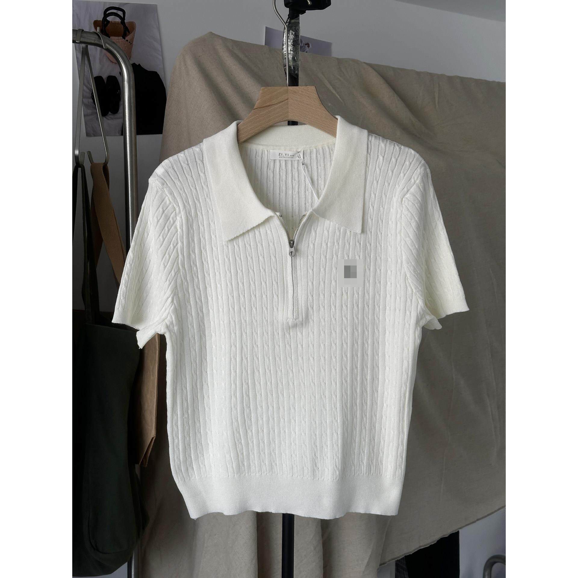 实体女装古韩式简织约复麻翻领半拉链套头冰丝针衫刺绣短袖上衣花