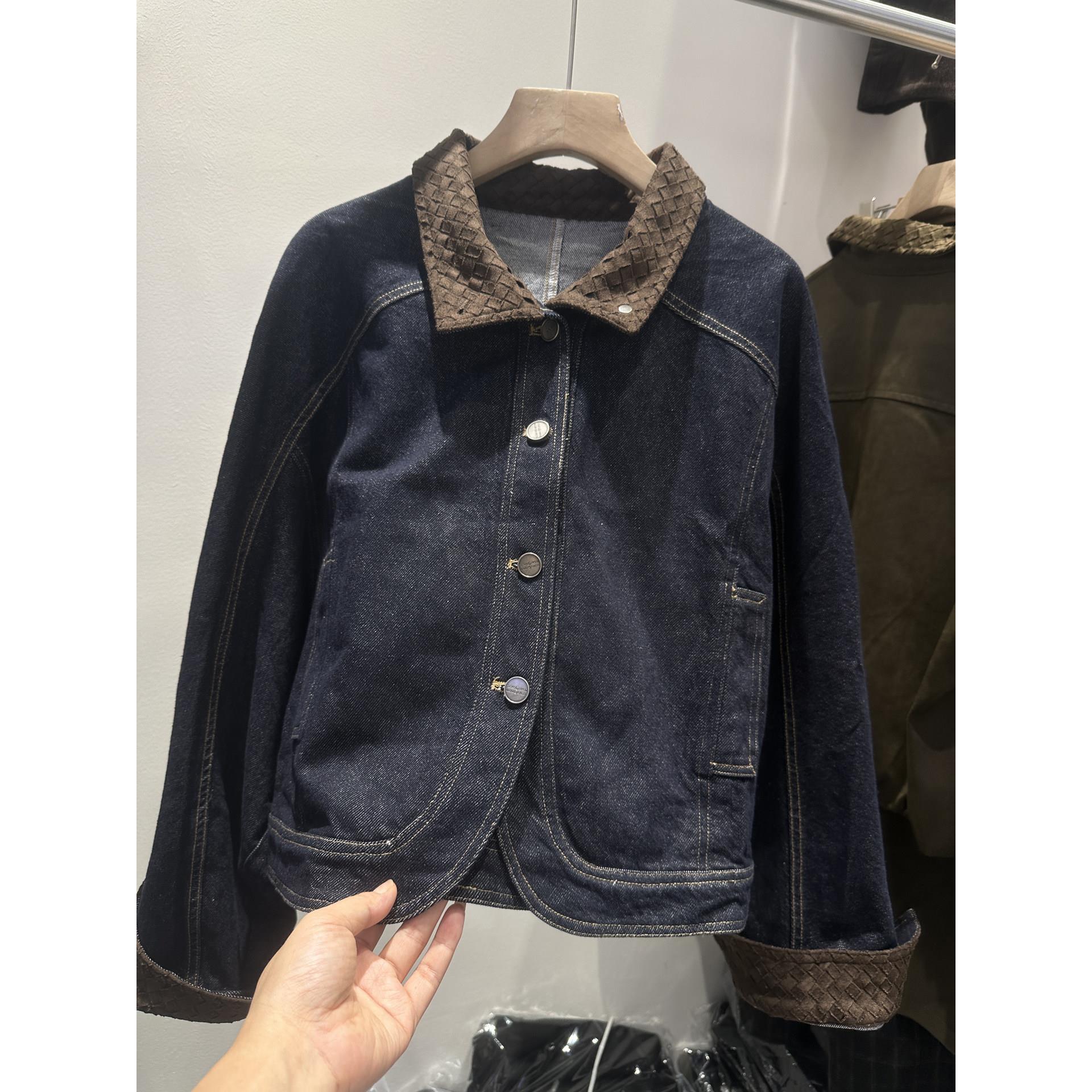 实体女装设计感拼接织领编牛仔夹小女藏青原色短款宽克松翻领个子
