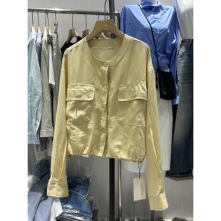 宽松透气抽绳文收腰 潮春季 实体女装 艺清新风鹅色黄天丝苎麻衬短衫