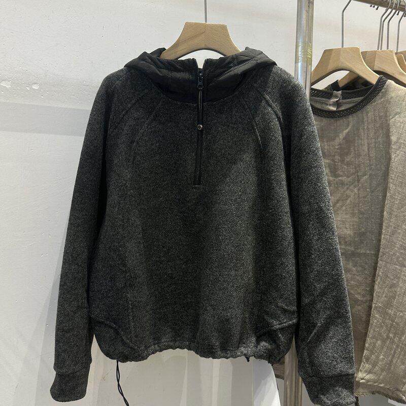 实体女装欧洲站勤通简约休闲秋连帽半拉冬链加绒外套女宽松穿休闲