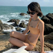 2024韩国比基尼东大门ins少女复古条纹 小胸简约分体游泳衣女泳装