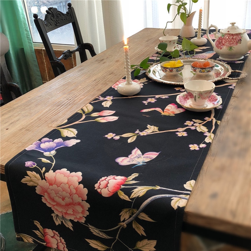 棉麻桌旗一鸿花鸟布艺装饰布黑色