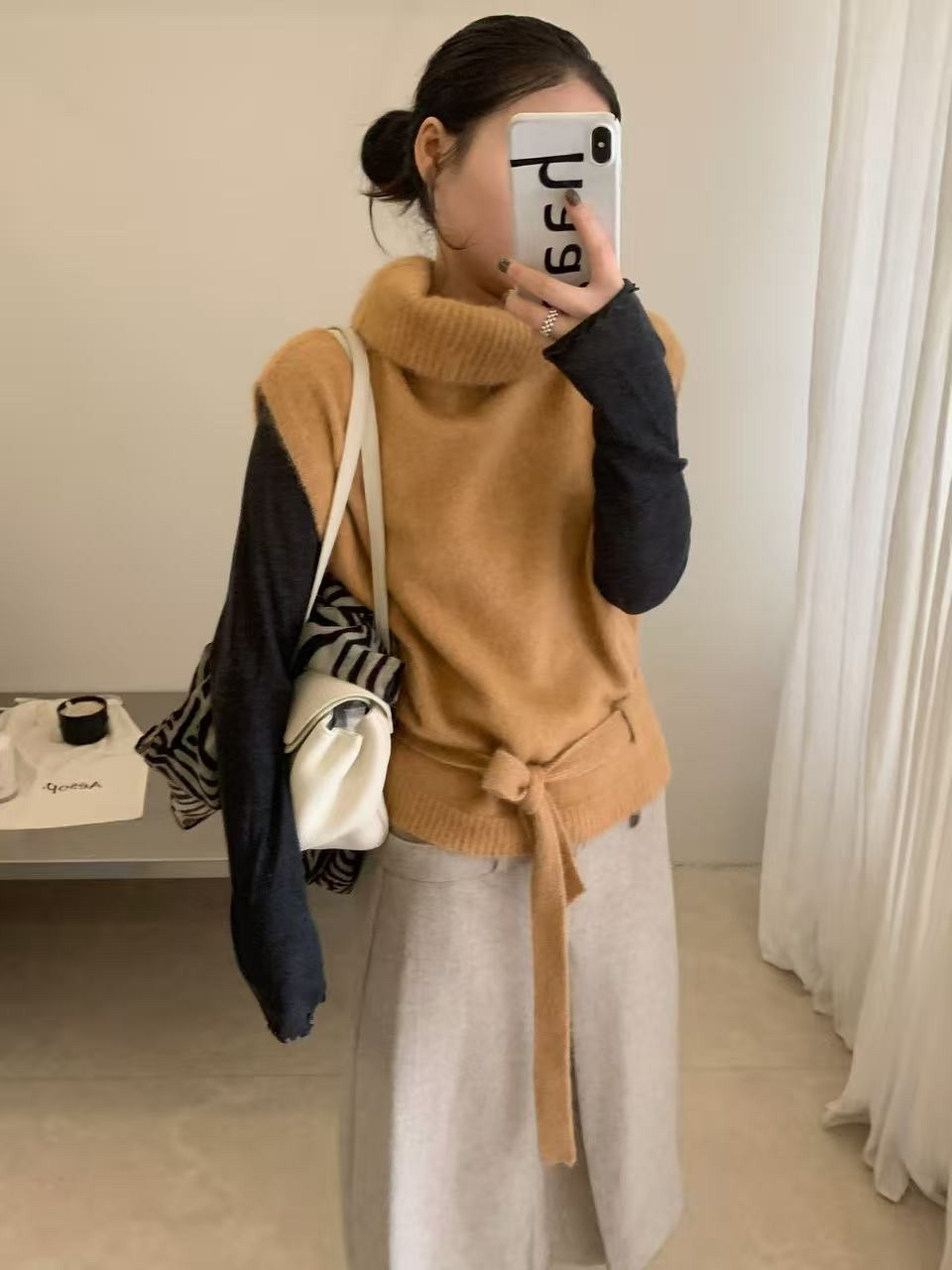 韩系复古高领收腰系带毛衣背心女