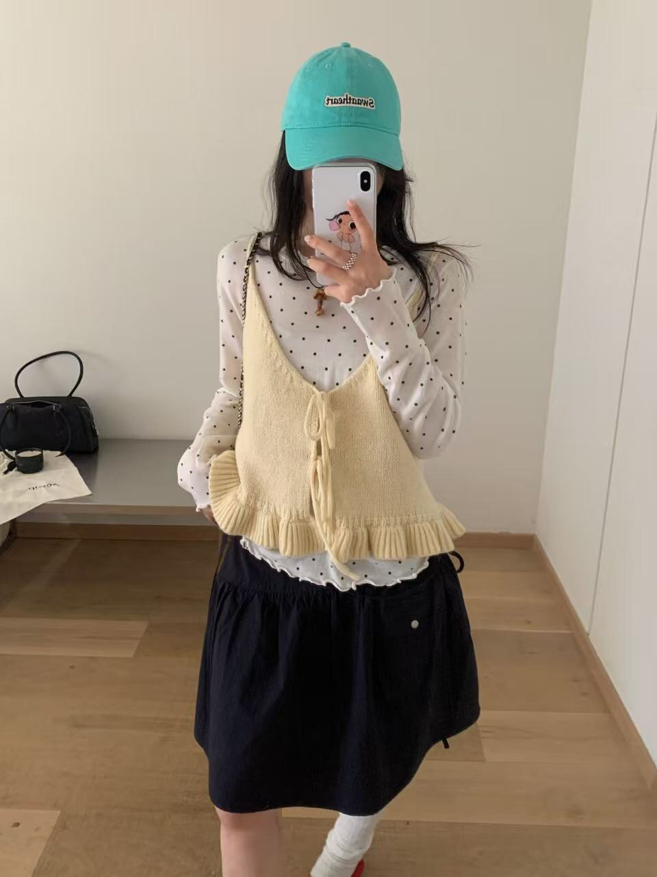 减龄木耳边绑带针织马甲背心女