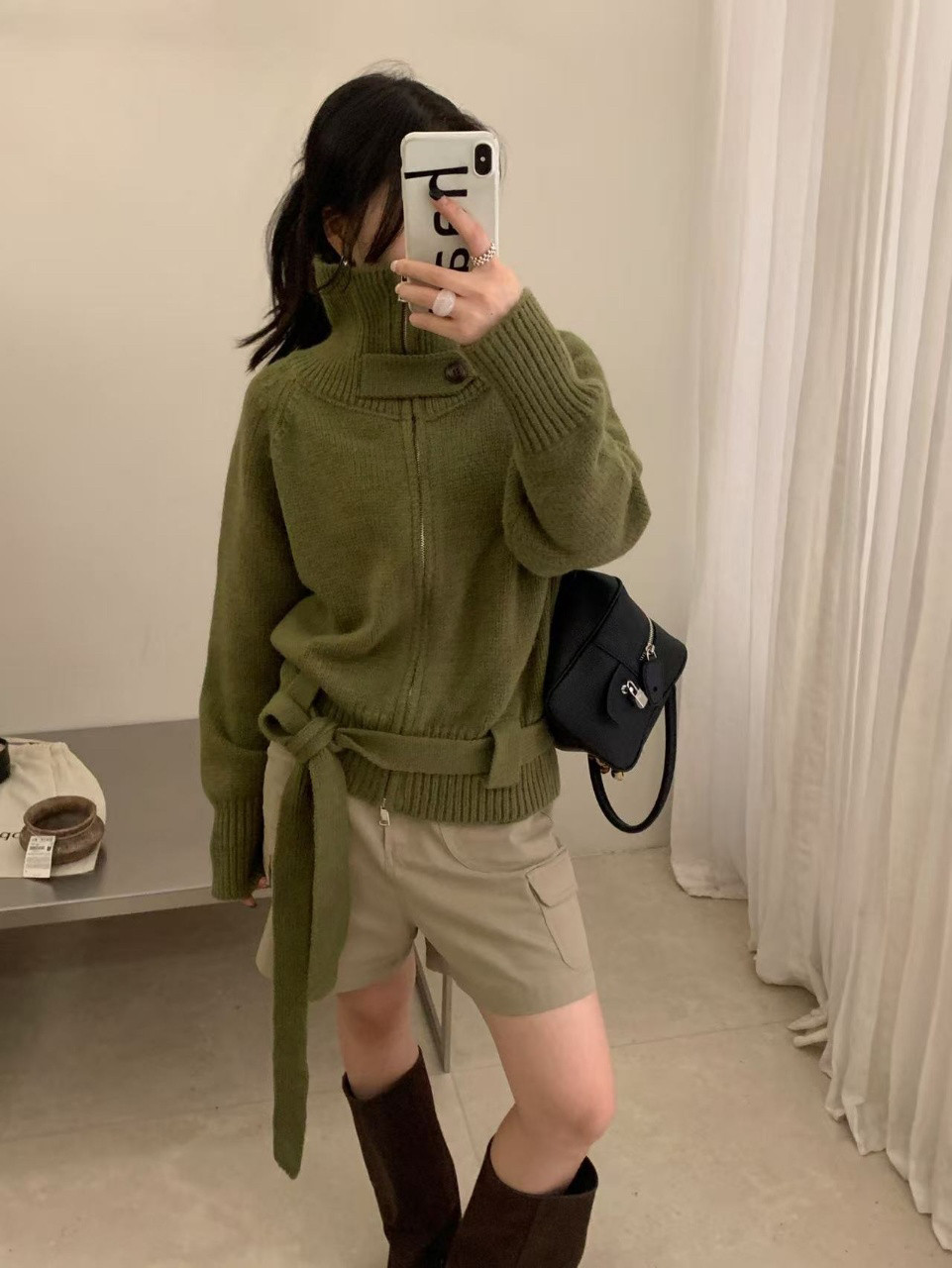 韩系设计腰带拉链立领针织开衫女