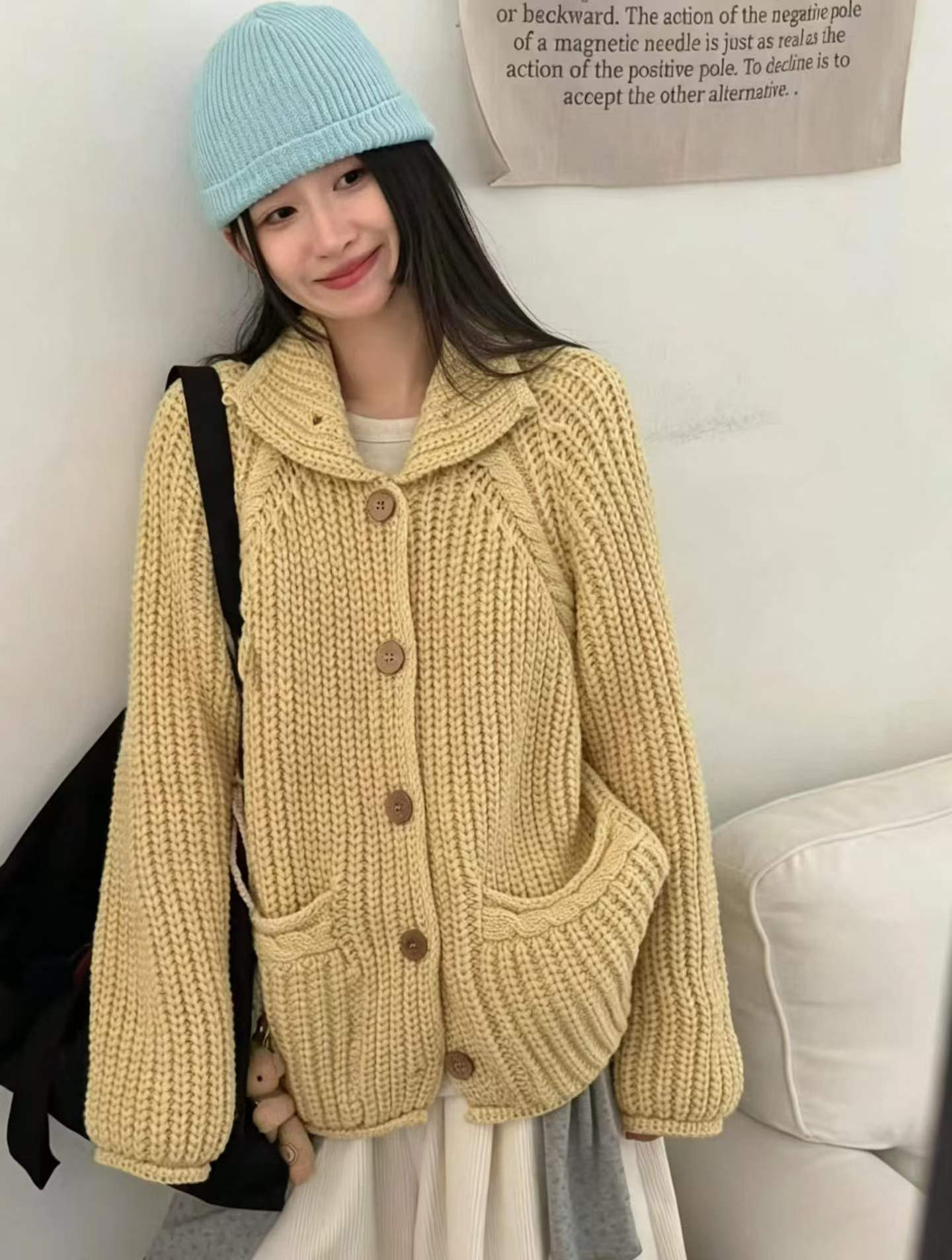 欧芷澜韩系立领纽扣口袋粗棒针织开衫女秋冬新款宽松加厚毛衣外套