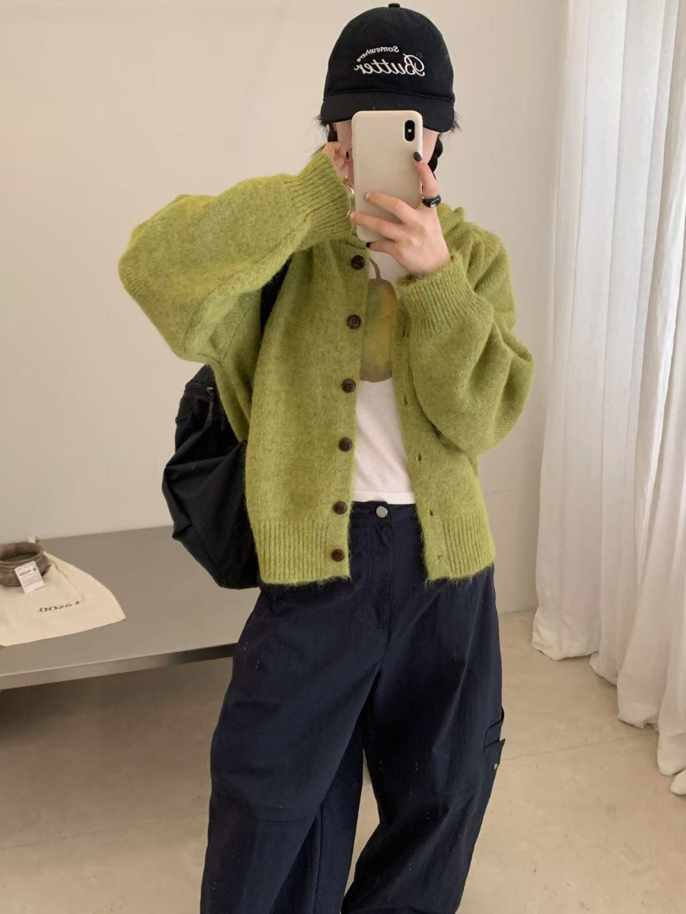 韩系复古单排扣连帽毛衣开衫女
