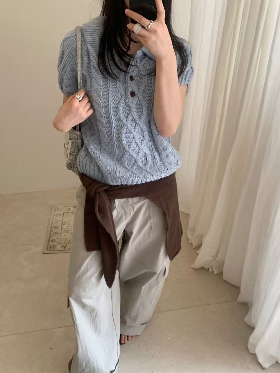 麻花菱格翻领纽扣短袖针织衫女
