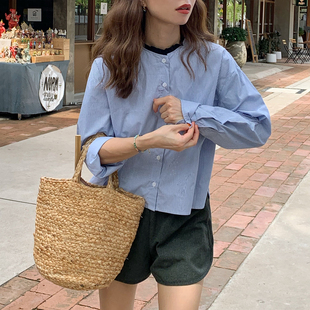 大吹女/清凉透气 私服假两件法式心水蓝白条纹复古高支全棉衬衫