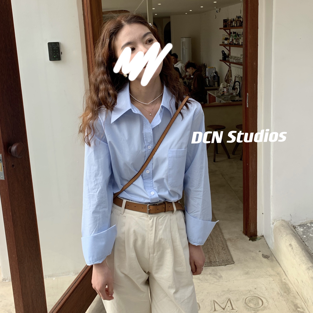 大吹女春夏蓝色白色复古长袖衬衣