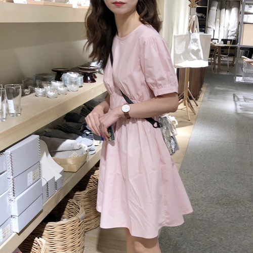 大吹女夏日连衣裙樱花粉棉质纯色