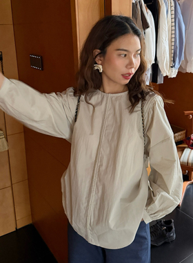 大吹女DCN春日来信日系廓形设计衬衫简洁鼠尾草绿白色棉长袖衬衫