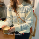 大吹女 复古提花奶白羊毛毛衣针织开衫 奶呼呼 雪蓝色温柔法式