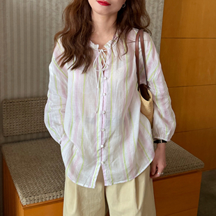大吹女夏日少女芭乐气泡水粉绿色条纹衬衫苎麻长袖宽松系带罩衫