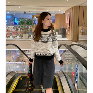 圣诞快乐~韩系雪花图案针织毛衣女秋冬新款小个子圆领宽松上衣