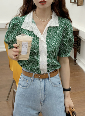 大吹女法式薄荷青柠绿少女拼蕾丝设计复古浪漫碎花衬衫蕾丝小衫