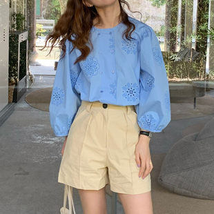 大吹女DCN SS自制蓝色大海浓郁大花朵镂空宽松7分袖圆领钩花衬衫