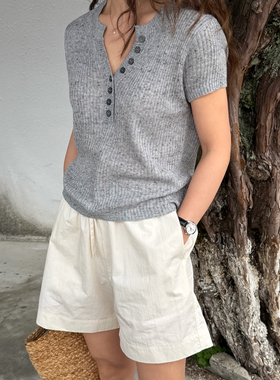 图书馆系列经典法式V领纽扣瓦楞柔软羊毛针织短袖奶油白灰色入