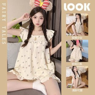 睡衣女夏季 ins风可爱清新泡泡棉家居服夏 甜美小飞袖 背心吊带套装
